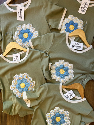 Green Fig Quilt Piece Short Sleeve Ringer Tee