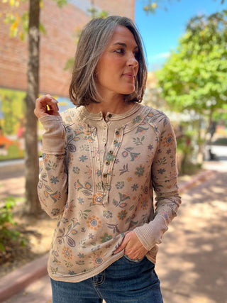Mocha Floral Print Henley Long Sleeve