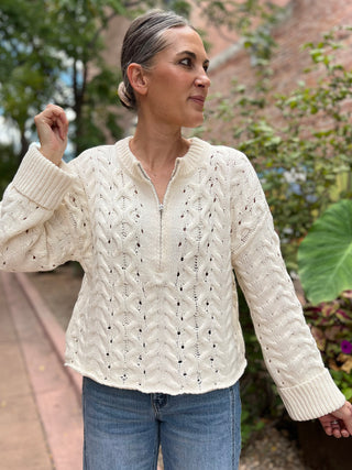 Cream Cable-Knit Half-Zip Cuffed Sweater