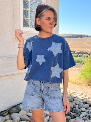 Denim Blue Raw Edge Star Patch Top