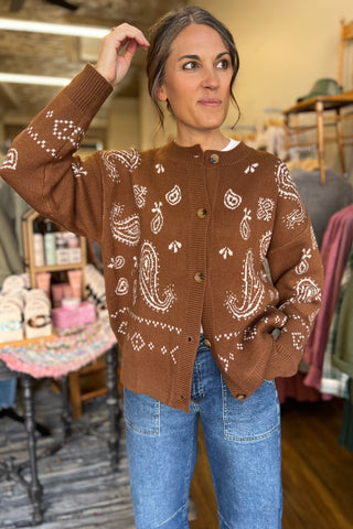 Brown Paisley Print Sweater Cardigan