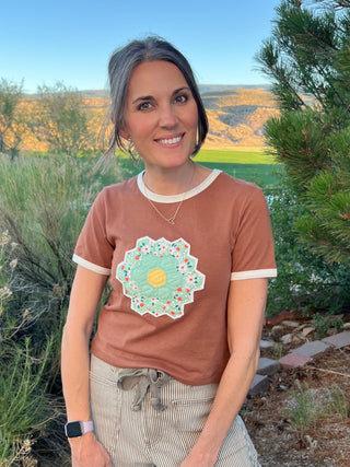 Cocoa Quilt Piece Short Sleeve Ringer Tee