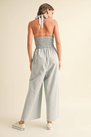 Smocked Halter Chambray Jumpsuit