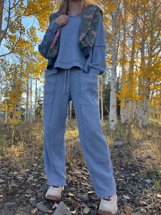 Dusty Blue Mineral Washed Waffle Barrel Pants