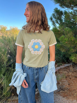 Green Fig Quilt Piece Short Sleeve Ringer Tee