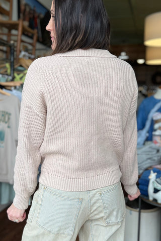 Taupe Chunky Button Up Collared Cotton Blend Cardigan