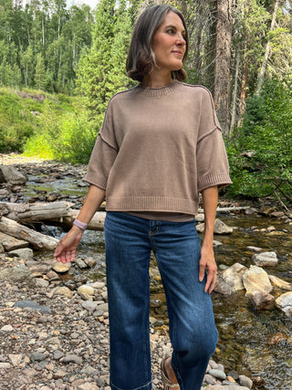 Taupe Drop Shoulder Short Sleeve Sweater Top