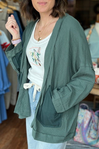 Textured Patchwork Open-Front Cardigan in Deep Green