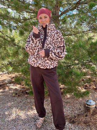 Leopard Print Sherpa Quarter Zip Jacket