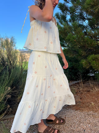 Sunset Field Embroidered Cotton Gauze Smocked Midi Skirt