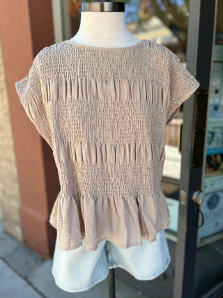 Taupe Ruched Crew Neck Top