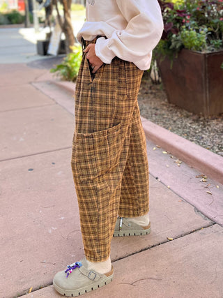 Olive Plaid Pattern Woven Barrel Pants
