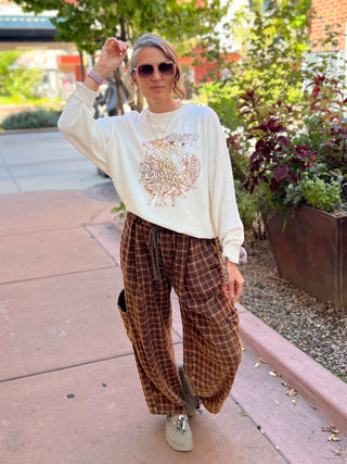 Brown Plaid Pattern Woven Barrel Pants