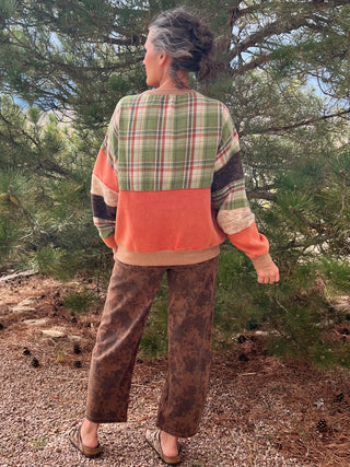Rust Olive Fabric Mix Mineral-Washed Pullover