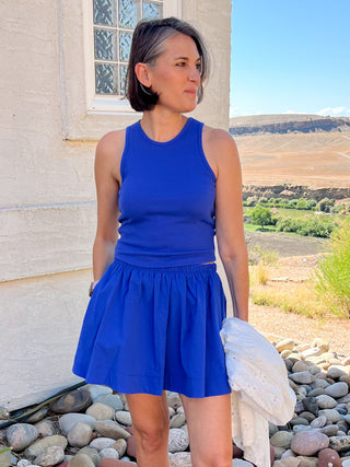 Cobalt Blue Sleeveless Ribbed Top And Skirt Set