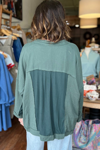 Textured Patchwork Open-Front Cardigan in Deep Green