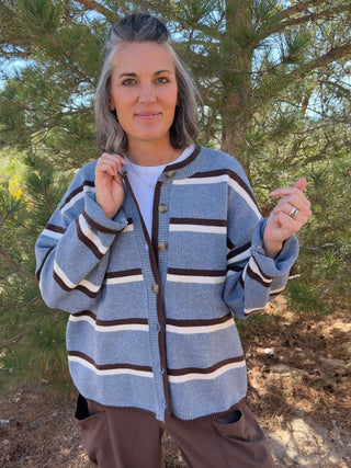 Blue Heathered Stripe Knit Cardigan Sweater