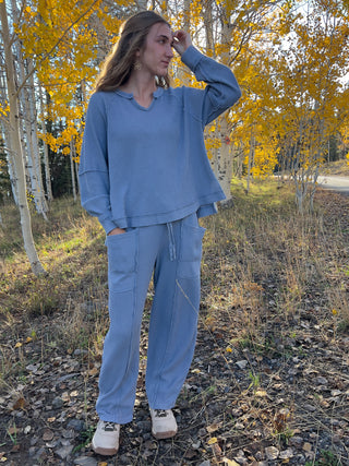 Dusty Blue Mineral Washed Waffle Raglan Top
