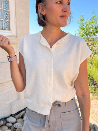 Ivory Raw Edge Sleeveless Cardigan Vest