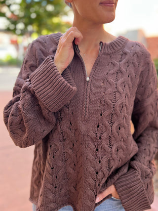 Chocolate Cable-Knit Half-Zip Cuffed Sweater