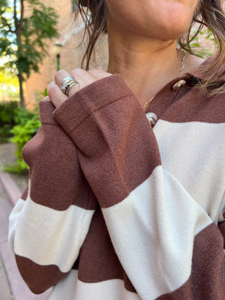 Brown Striped Sweater With Polo Collar