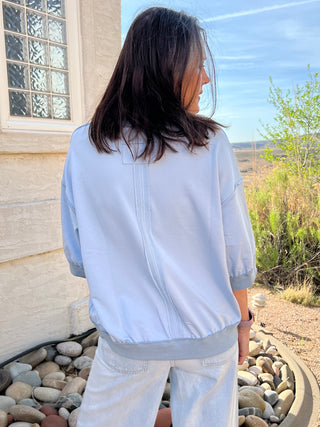 Dusty Blue Contrast Trim Raglan Short Sleeve Top