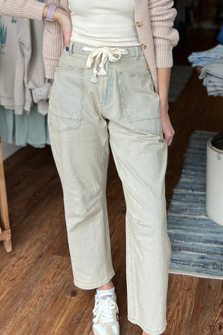 Stripe Cotton Denim Pants with Cotton Belt