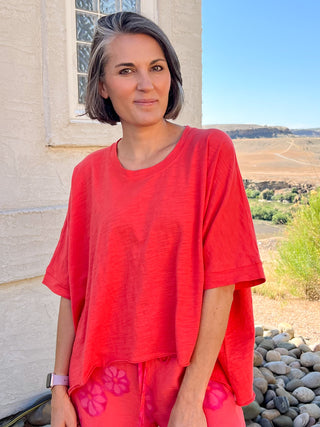 Tomato Red Mineral Wash Poncho Slub Knit T-Shirt