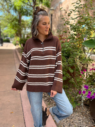 Chocolate Striped Knit Quarter-Zip Sweater