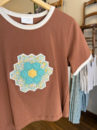 Cocoa Quilt Piece Short Sleeve Ringer Tee