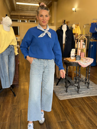 High Rise Striped Raw Hem Barrel Jeans