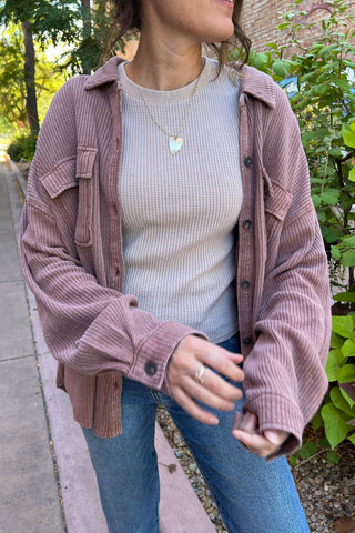 Chestnut Mineral Washed Waffle Knit Shacket