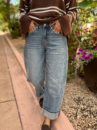 High Rise Cuffed Barrel Leg Jean