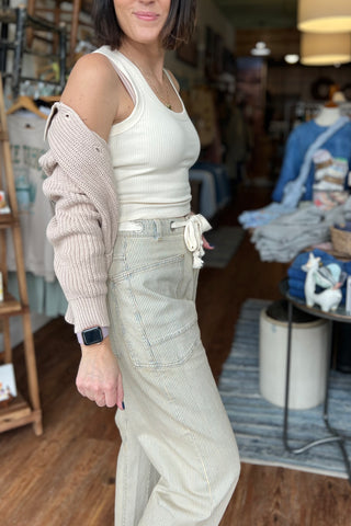 Stripe Cotton Denim Pants with Cotton Belt