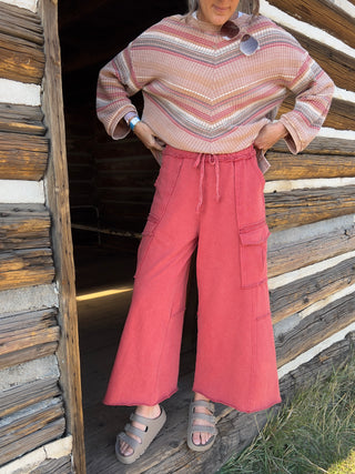 Boho Red Mineral-Washed Terry Knit Cargo Pants