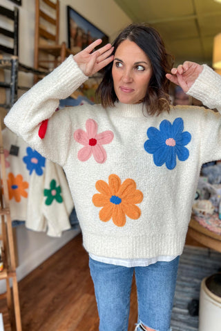 White Mock Neck Floral Aplique Sweater