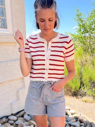 Red Striped Short Sleeve Cardigan With Scallop Edge