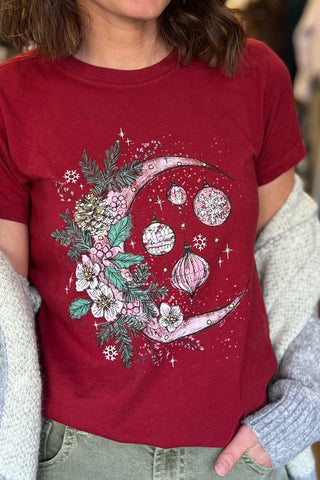 Women's Life Is Good Christmas Ornament Moon Short Sleeve Crusher Tee