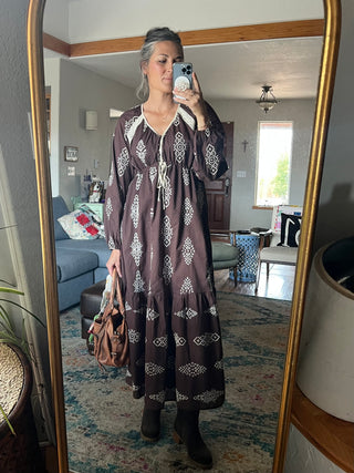 Brown Embroidered Lace Trim Maxi Dress