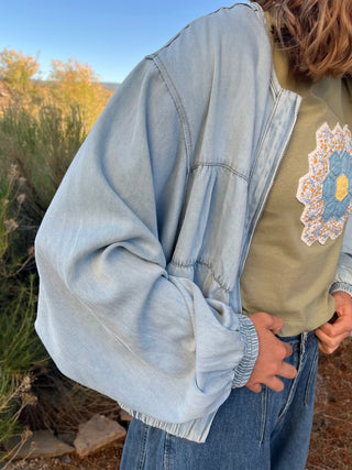 Light Washed Ruched Denim Zip Jacket