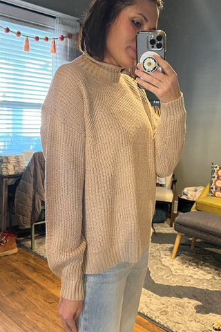 Beige Chunky Knit Mock Neck Sweater