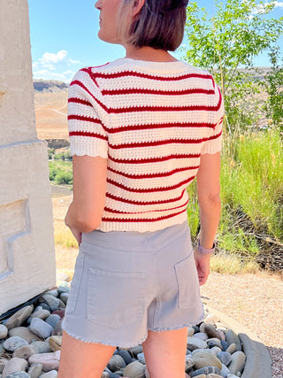 Red Striped Short Sleeve Cardigan With Scallop Edge