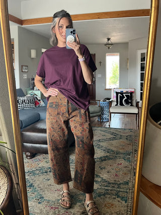 Folk Floral Print Twill Barrel Pants