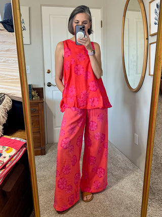 Red Orange Floral-Print Sleeveless A-Line Tunic Top