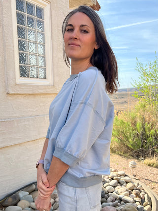 Dusty Blue Contrast Trim Raglan Short Sleeve Top