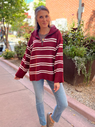 Burgundy Striped Knit Quarter-Zip Sweater