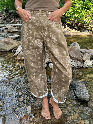 Brown Paisley Print Barrel Jeans