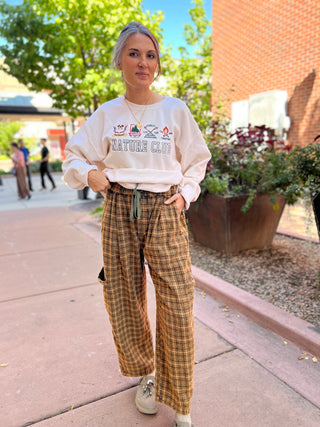 Olive Plaid Pattern Woven Barrel Pants