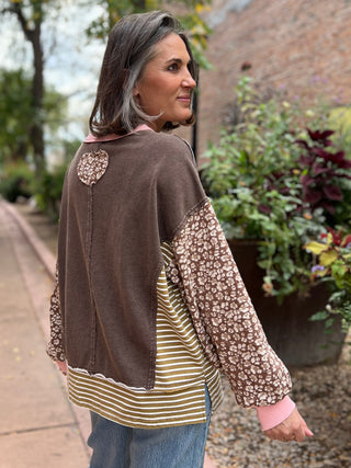 Coffee Brown Mixed Print Long Sleeve