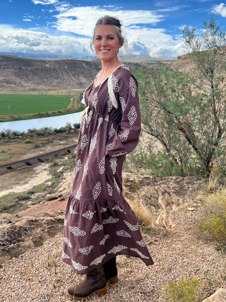 Brown Embroidered Lace Trim Maxi Dress